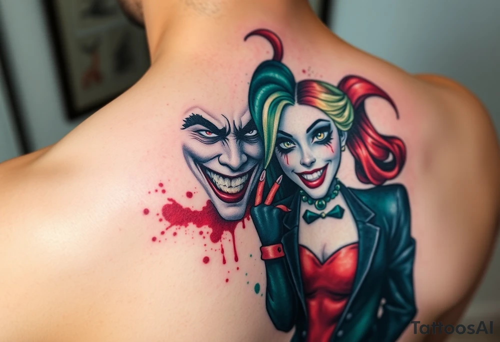 toxic 3d joker and Harley quin together design tattoo idea