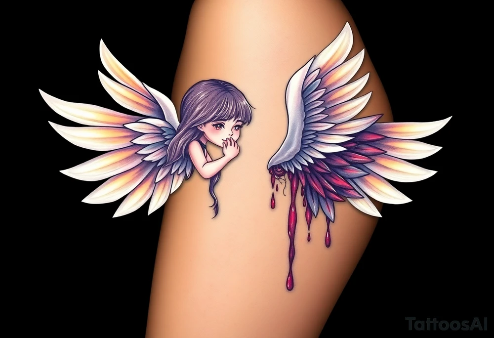 angel, with brilliant white wings that shine with golden accents and divine light, is contrasted with a fallen angel, whose wings are tattered and darkened with deep purples, reds, and blacks, dripping with sorrowful tears of blood. tattoo idea