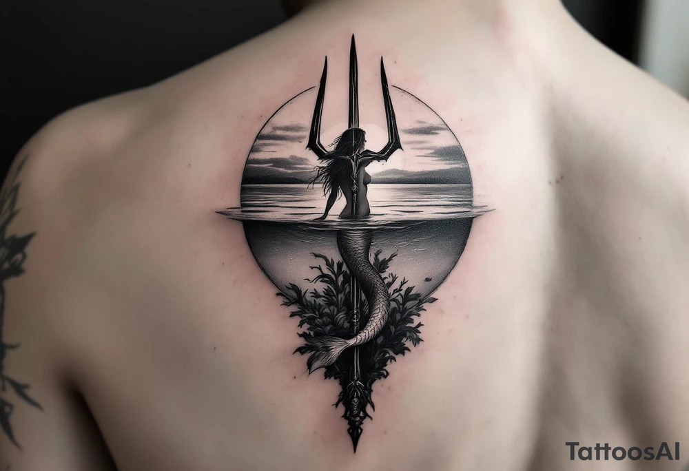 trident half way under calm water with sunset and mermaid tattoo idea