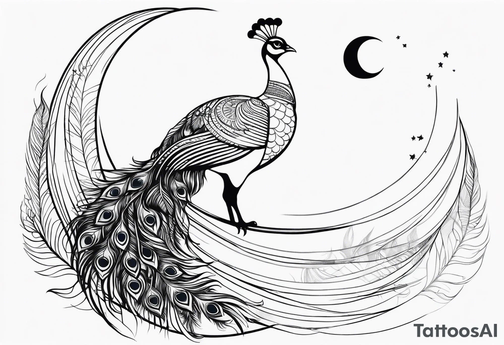 black and white peacock, moon above, infinity symbol in feather tattoo idea