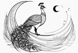 black and white peacock, moon above, infinity symbol in feather tattoo idea