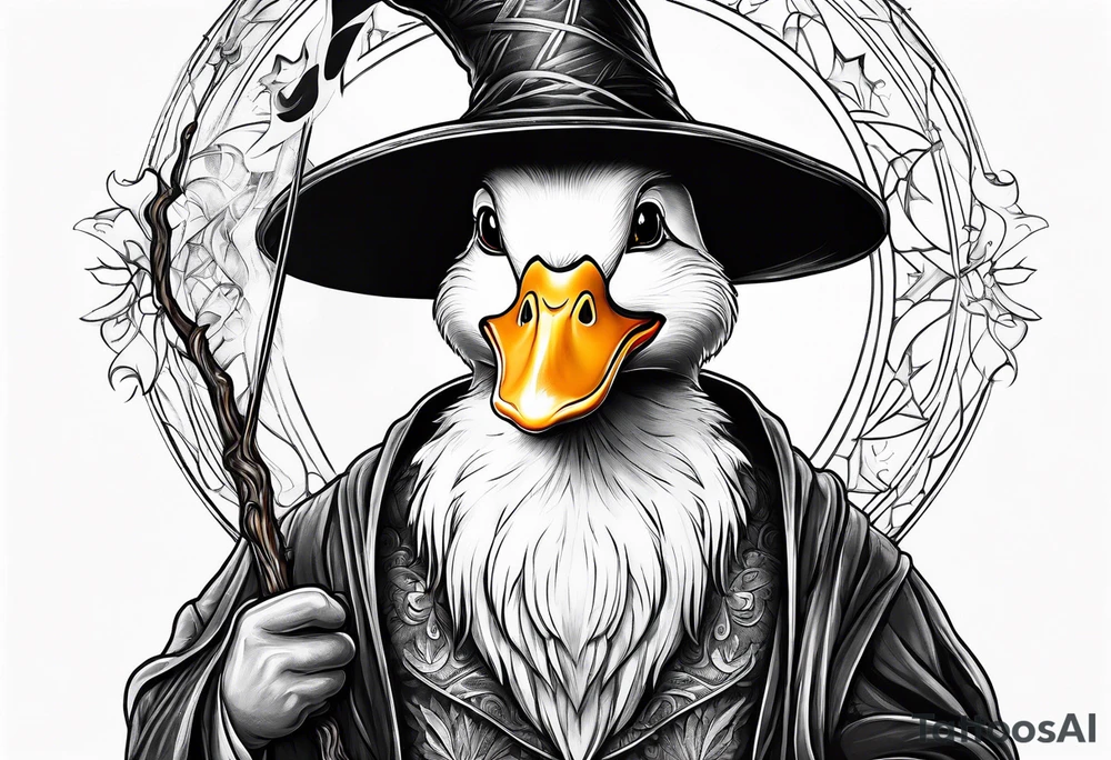 Dabbling Duck dressed like a wizard casting a spell with his wand tattoo idea