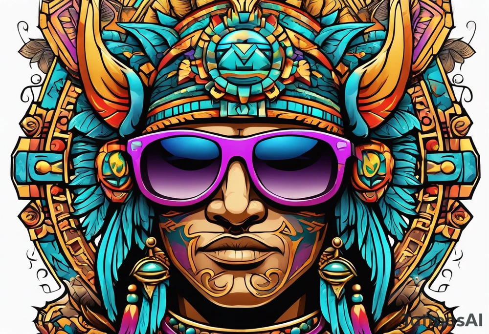 Colorful Mayan god hieroglyph wearing sunglasses with bats and water tattoo idea