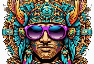 Colorful Mayan god hieroglyph wearing sunglasses with bats and water tattoo idea
