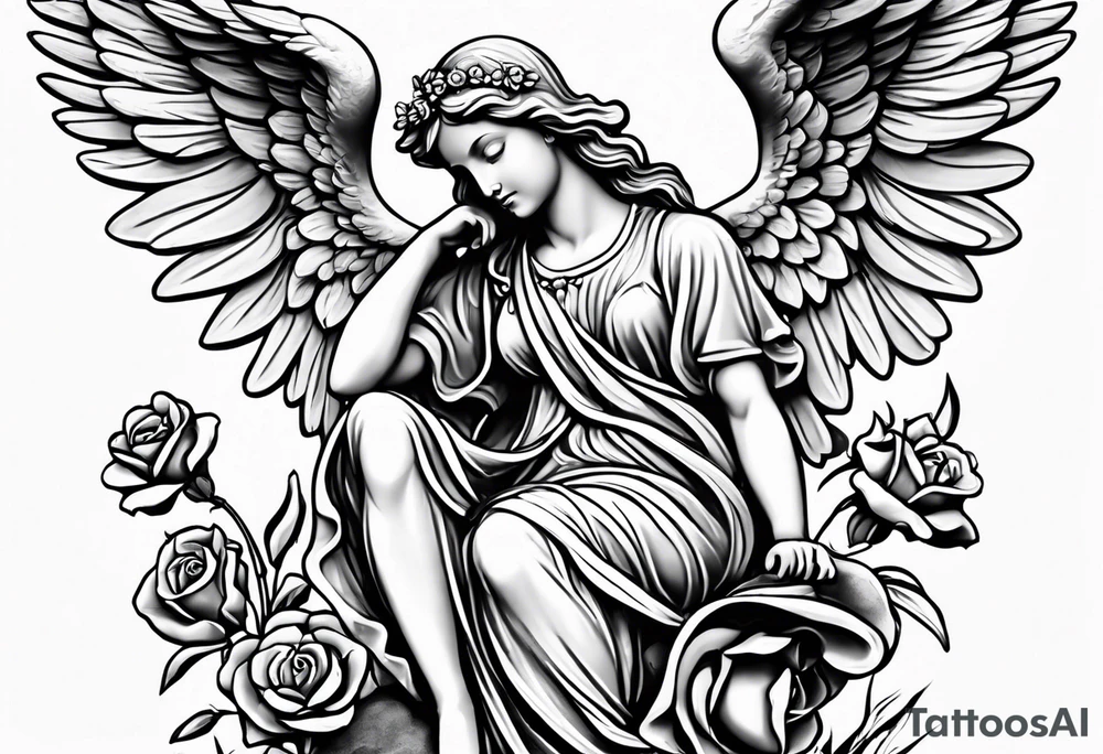 Simple Angel statue stood on a rock with daffodils and roses wrapped around its legs tattoo idea