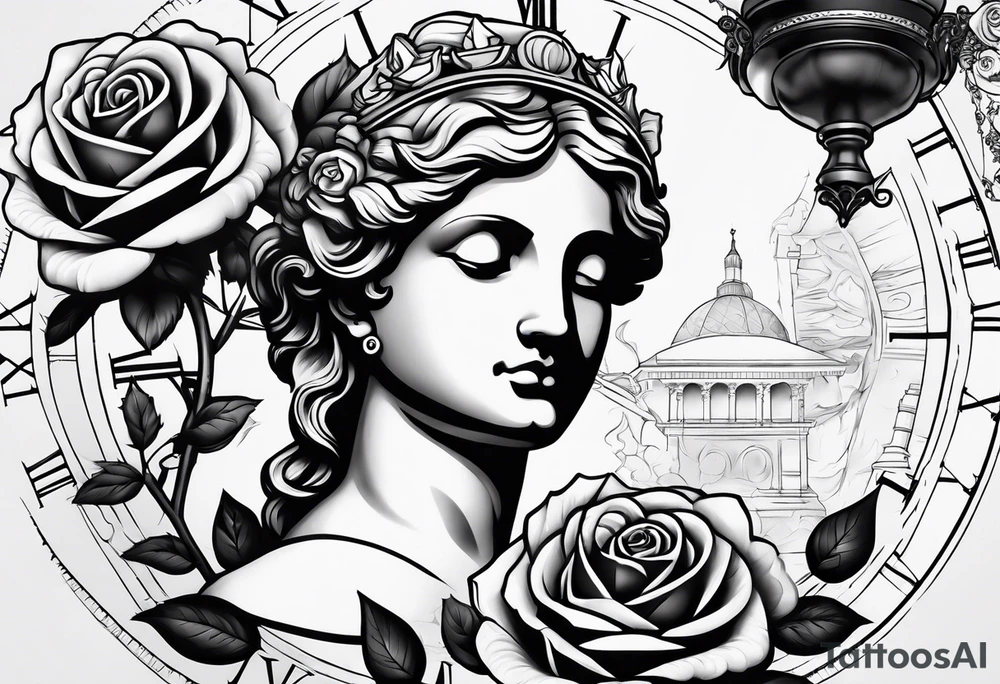 Roman statue next to a rose, clock and script tattoo idea Roman statue next to a rose, clock and script tattoo idea