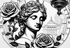 Roman statue next to a rose, clock and script tattoo idea