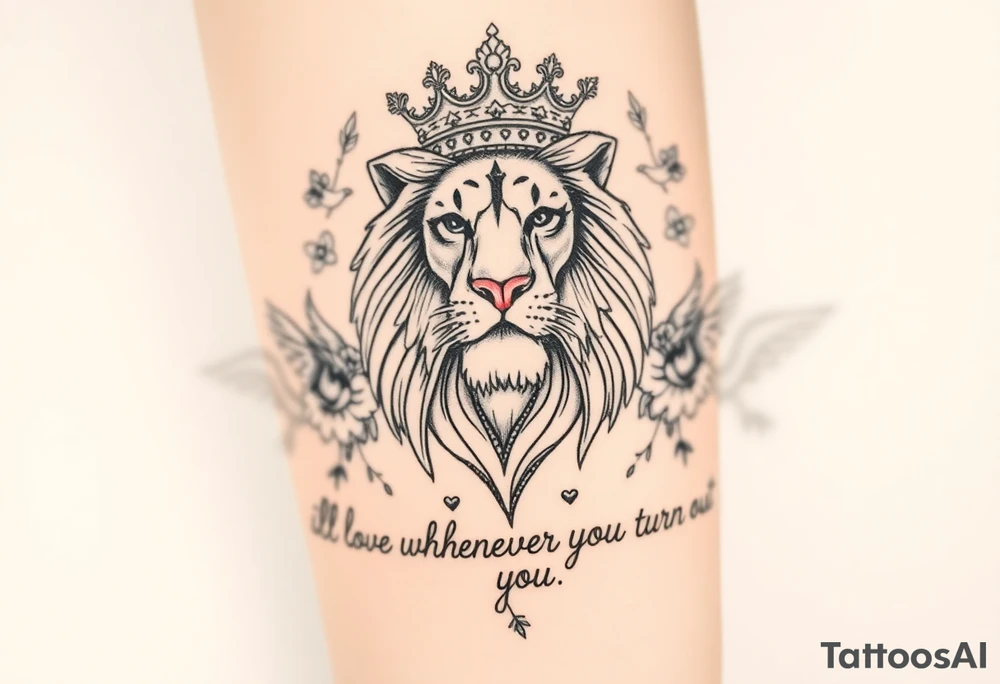 powerful majestic lion with a crown, surrounded by floral ornaments and birds. Written underneath "ill love whoever you turn out to be" tattoo idea