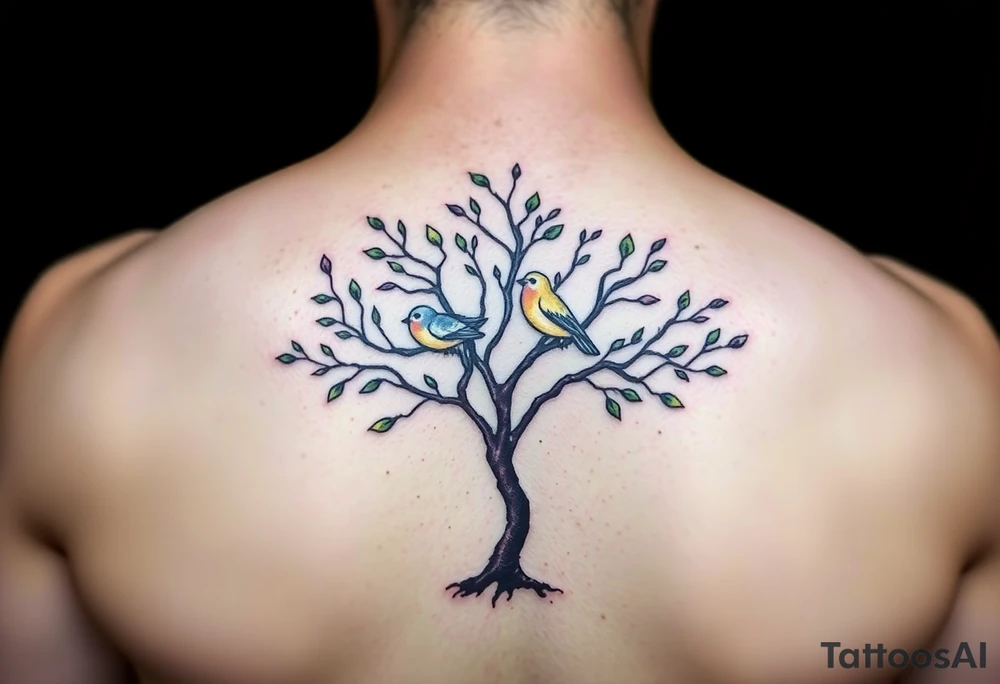 A delicate tree with two birds perched on its branches, symbolizing family growth. (Color: Earthy greens and browns with soft pastel birds) tattoo idea