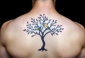 A delicate tree with two birds perched on its branches, symbolizing family growth. (Color: Earthy greens and browns with soft pastel birds) tattoo idea