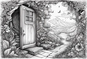 a small boy entering a doorway
 leading to a fantasy world filled with nature tattoo idea