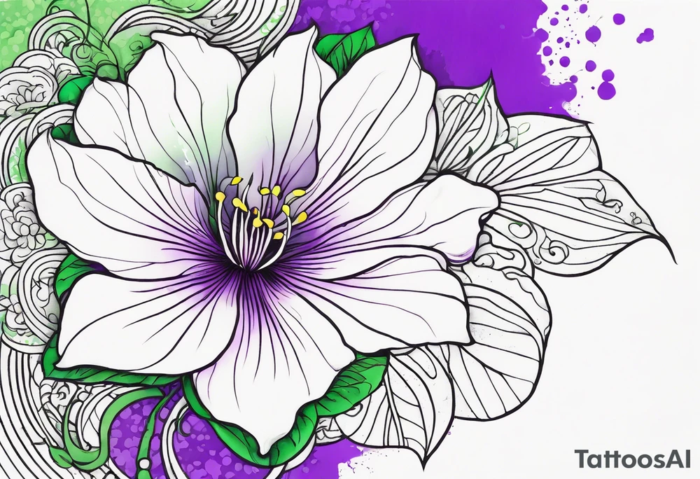 A mystical outline of a green with a bit of purple rio dipladenia flower and a green and purple watercolor splash in the background tattoo idea