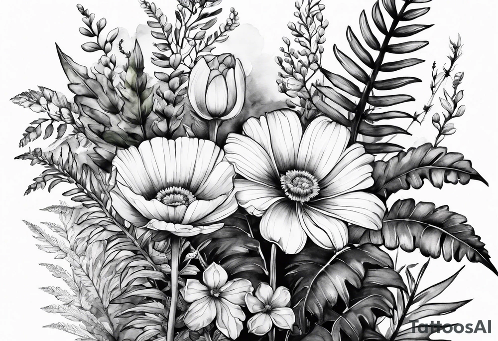 Three wild flowers with ferns all watercolor tattoo idea