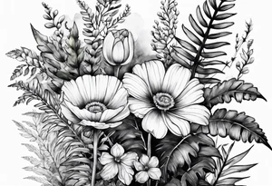 Three wild flowers with ferns all watercolor tattoo idea