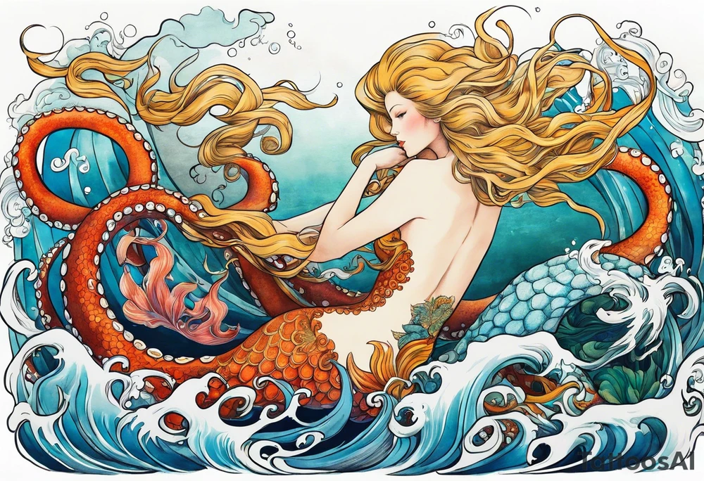 Giant octopus and blond mermaid frolicking in the sea tattoo idea