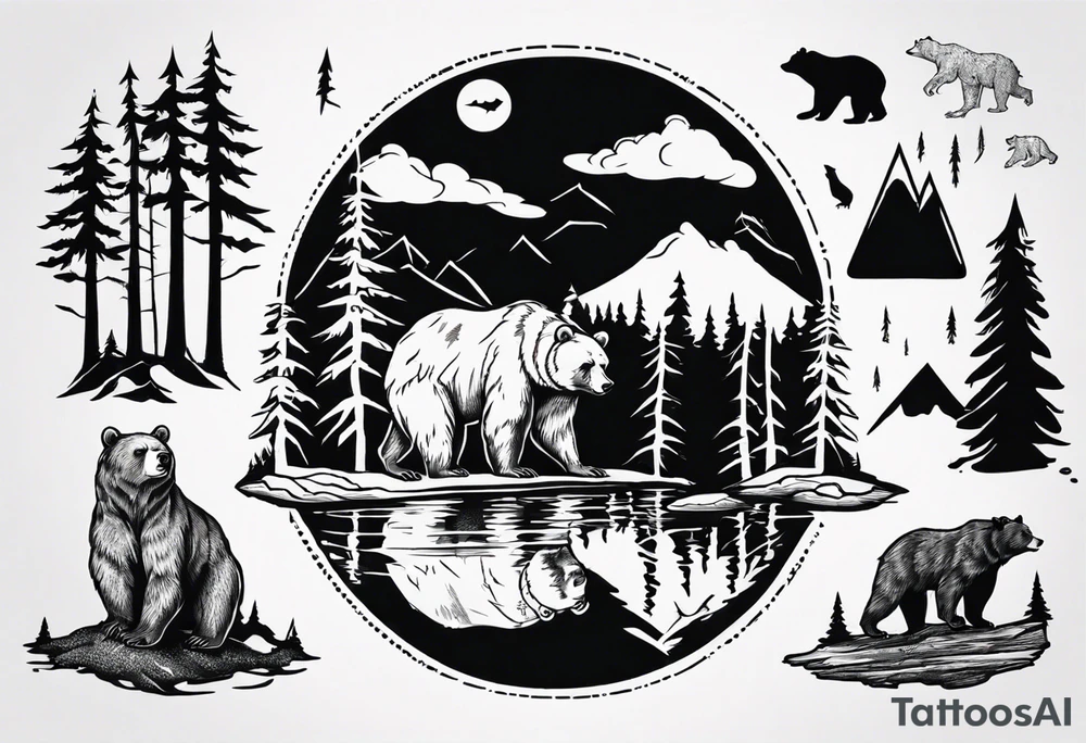 bear, forest, lake, appalachia, arm sleeve tattoo tattoo idea