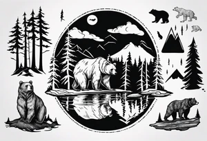 bear, forest, lake, appalachia, arm sleeve tattoo tattoo idea