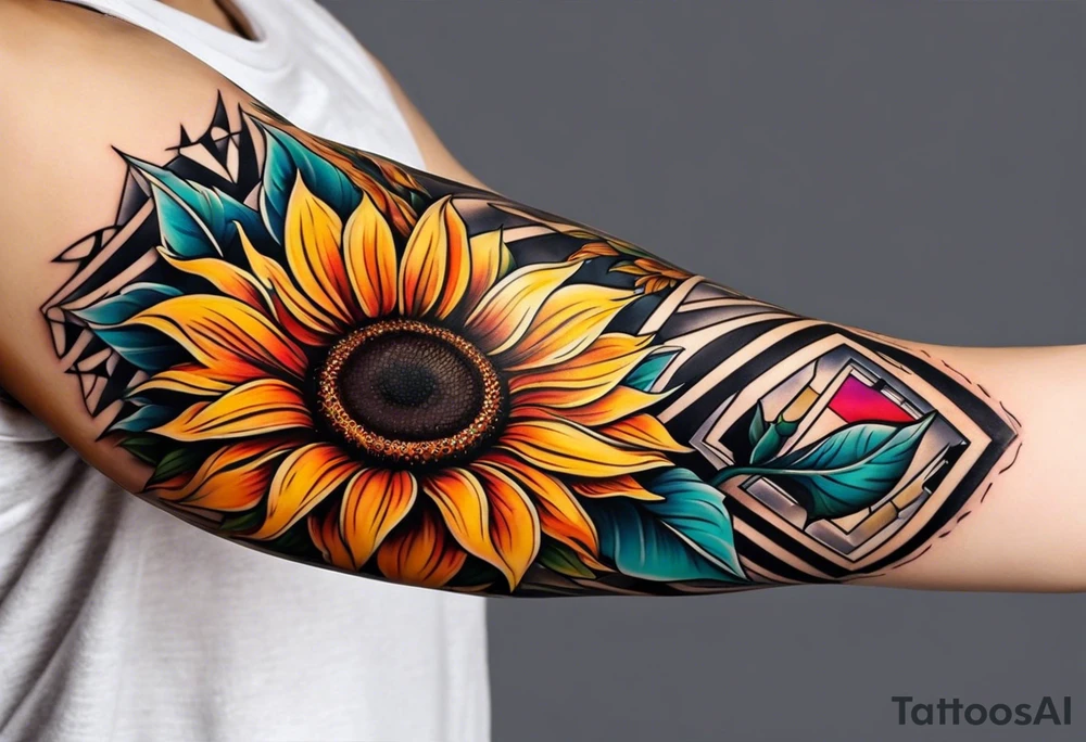 Colorful sunflower arm sleeve tattoo idea