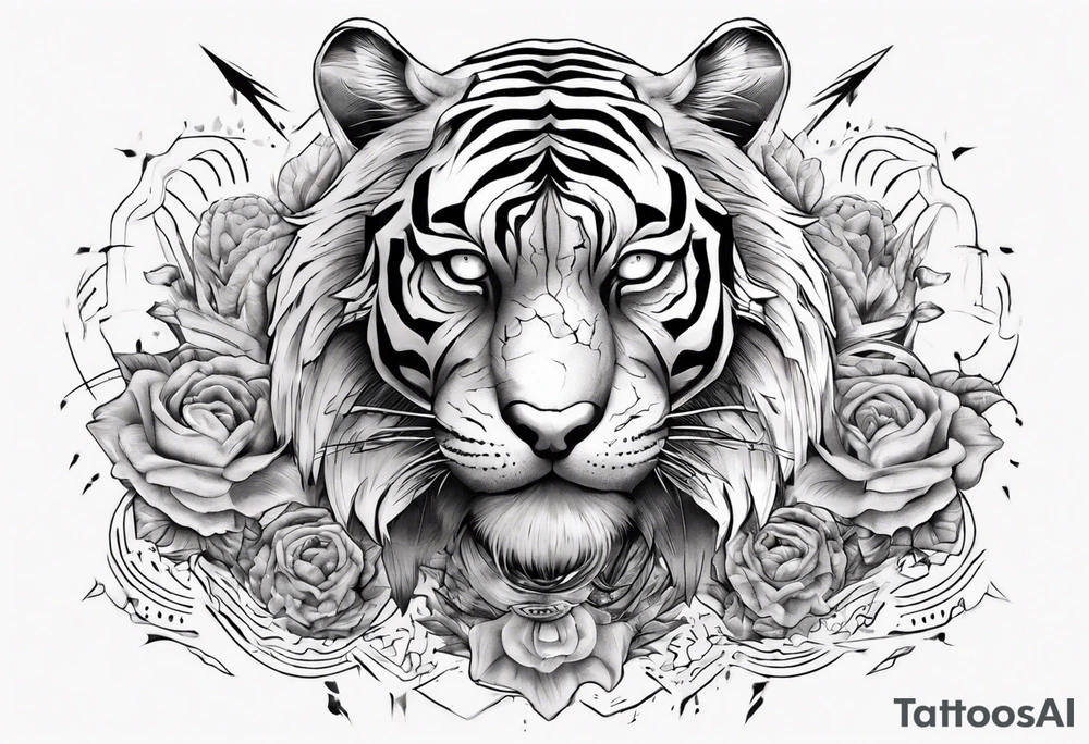 Ancient tiger with lightning and a sun for a forearm sleeve. With patterns surrounding it tattoo idea Ancient tiger with lightning and a sun for a forearm sleeve. With patterns surrounding it tattoo idea