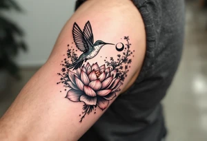 A hummingbird drinking from a lotus flower with one wing made of light (sun disc) and the other made of shadow (crescent moon) (red and black only) tattoo idea