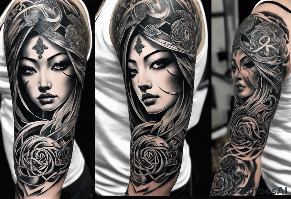 arm sleeve tattoo split into 3 different areas spiraling down the arm. the first area being Based on japanese Mythology. The 2nd one being based on Hindu mythology. and the 3rd one being based on celtic mythology tattoo idea