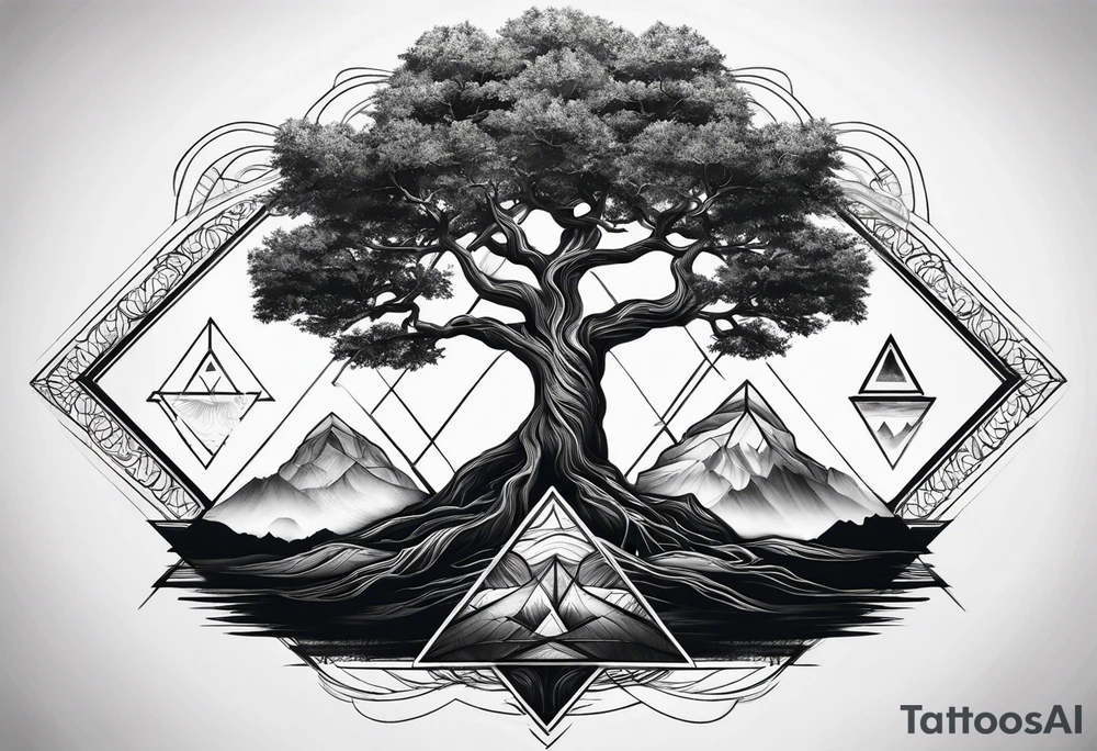 minimalistic Yggdrasil tree with 3 triangles tattoo idea