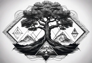 minimalistic Yggdrasil tree with 3 triangles tattoo idea