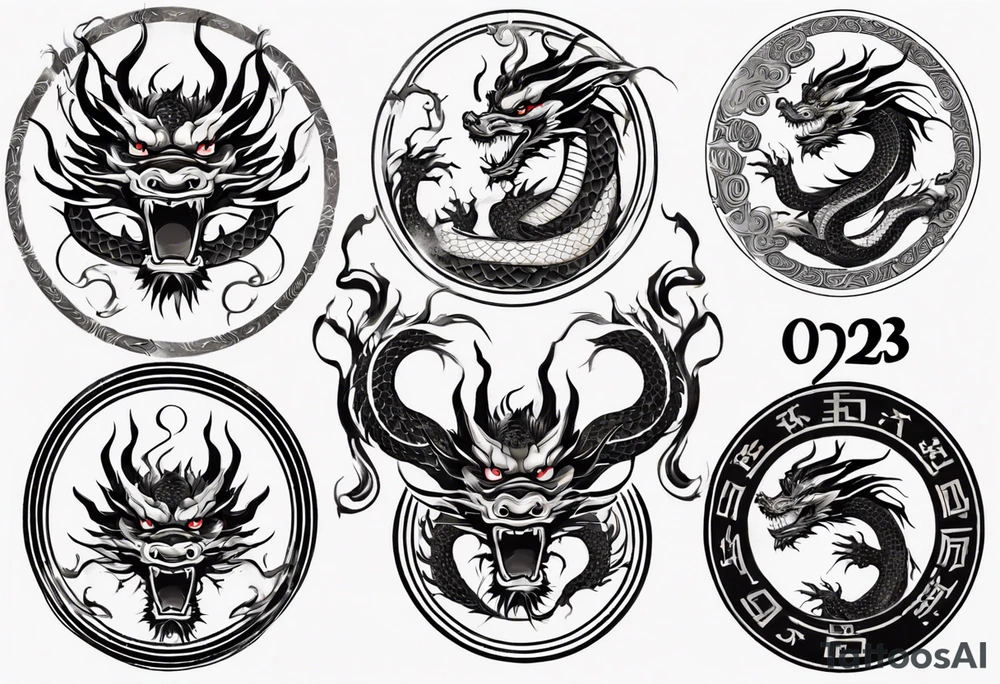 Chinese dragon in a circular shape with "02.03" written on its skin tattoo idea