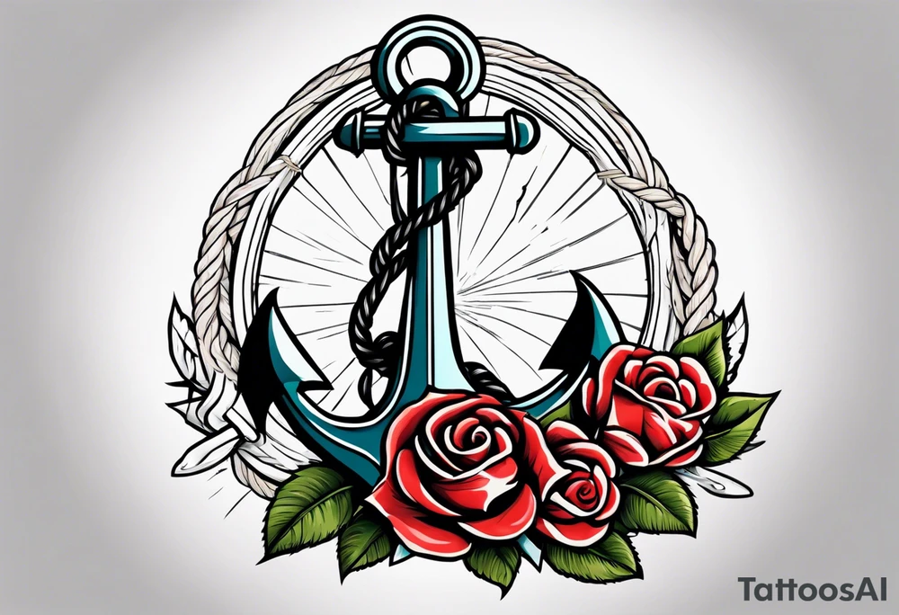 old school anchor sitting at an angle 
with rope 
and banner across anchor and old school roses tattoo idea