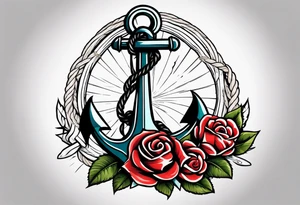 old school anchor sitting at an angle 
with rope 
and banner across anchor and old school roses tattoo idea