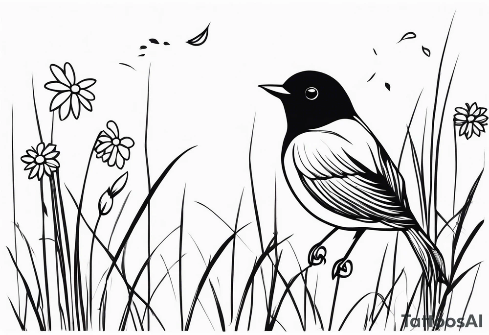 little bird perched on tall grass in a daisy tattoo idea