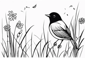 little bird perched on tall grass in a daisy tattoo idea