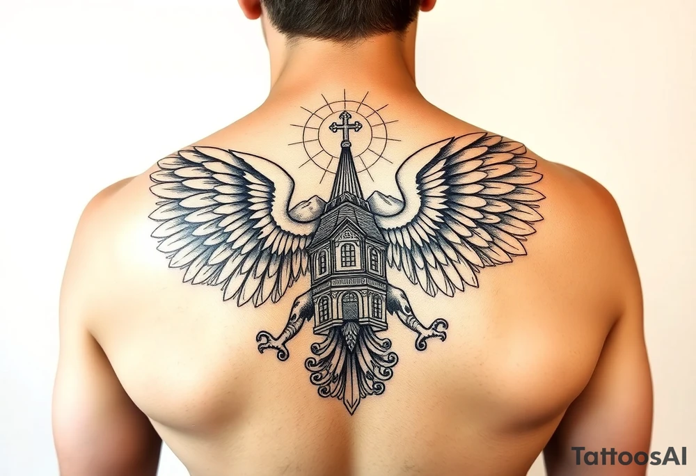 an actual russian coat of arms with the eagles wings spanning out on my back neck across my shoulders / traps with a orthodox christian church being visible in a mountainous sun beaming setting, with the russian orthodox cross spire of the orthodox church being visible on my neck with a sun beaming in the background that the cross sits inside tattoo idea