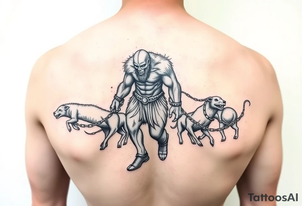 A giant walking with animals on chains tattoo idea