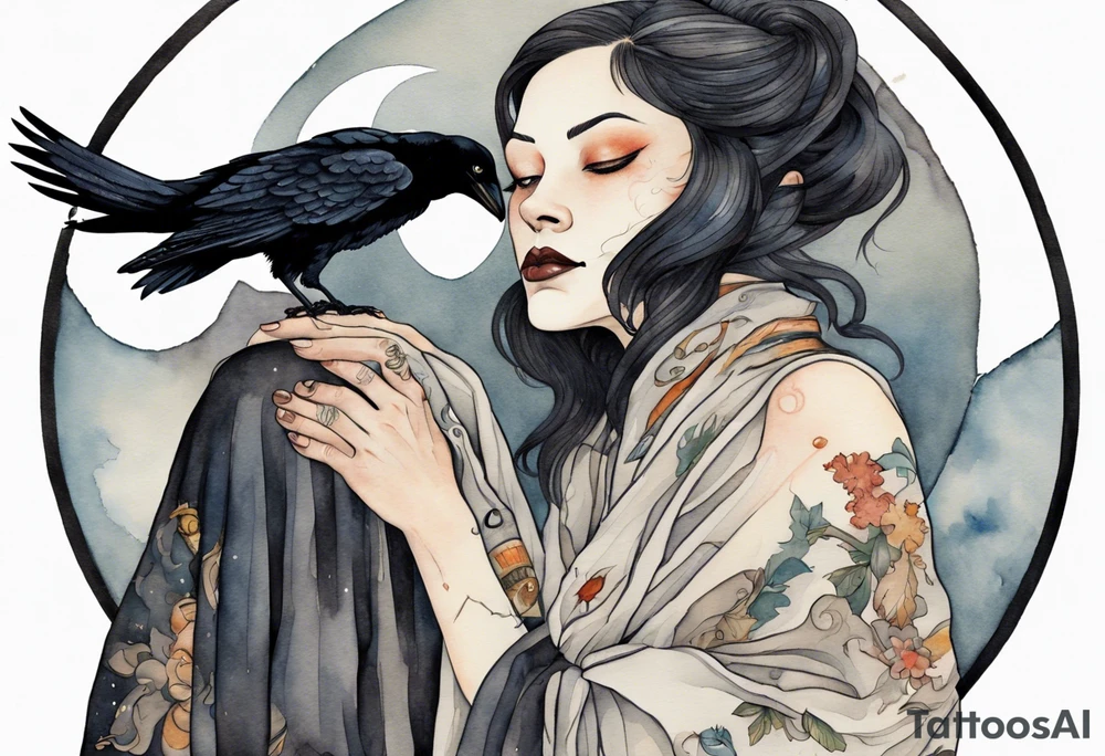 a beautiful 50 year old Dakota woman with pale skin wearing a black robe, standing on a crescent moon with bare feet, a raven on her shoulder tattoo idea