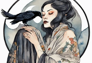 a beautiful 50 year old Dakota woman with pale skin wearing a black robe, standing on a crescent moon with bare feet, a raven on her shoulder tattoo idea