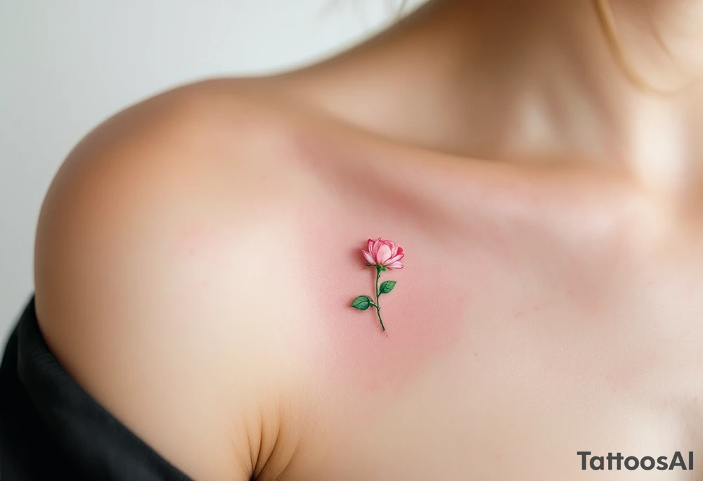 Tiny pink rosebud just starting to bloom, with soft pastel petals and a delicate green stem. tattoo idea
