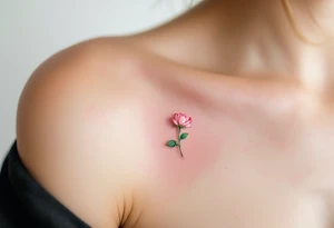Tiny pink rosebud just starting to bloom, with soft pastel petals and a delicate green stem. tattoo idea