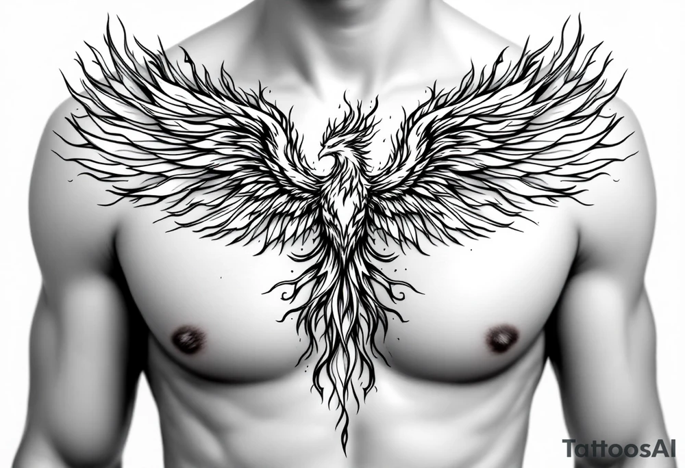 Realistic and symmetrical flaming Phoenix rebirth with spread wings in a down motion surrounded by fire mapped onto chest only.
Phoenix head must be in the middle of the chest, straight and symmetrical.
Fire should be surrounding spread wings
Wings should be spread down only on pectoral muscle towards nipples. tattoo idea