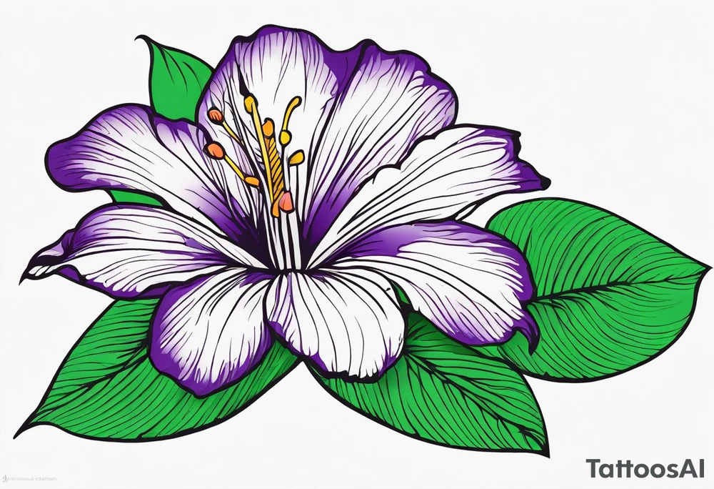 An outline of a rio dipladenia flower with a brush stroke green and purple background tattoo idea