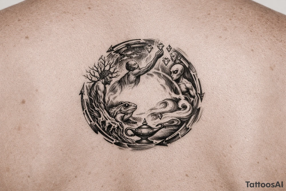 A man turning into a tree then sprouting into a frog from then evolving into a alien then reaching for the stares and grabbing diamonds out of the sky then getting sucked into a gene lamp cycle circle tattoo idea