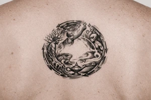 A man turning into a tree then sprouting into a frog from then evolving into a alien then reaching for the stares and grabbing diamonds out of the sky then getting sucked into a gene lamp cycle circle tattoo idea
