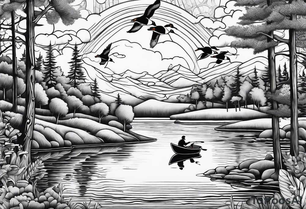 Wooded area with lake, mallards flying, and a model t tattoo idea