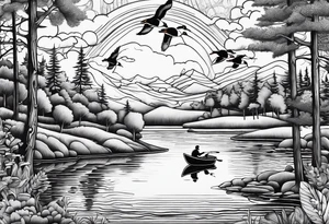 Wooded area with lake, mallards flying, and a model t tattoo idea