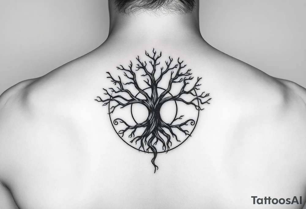 yggadrisl tree of life with circle. Jai , Phoebe, Imogen, Matilda in the circle tattoo idea