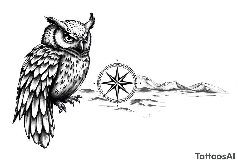 an owl,a compass,landscape. tattoo idea