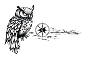 an owl,a compass,landscape. tattoo idea