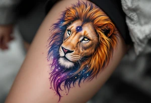 A Leo zodiac symbol and star constellation rests between the eyes of a golden lion whose mane dissolves into a trail of starlit purple and blue. tattoo idea