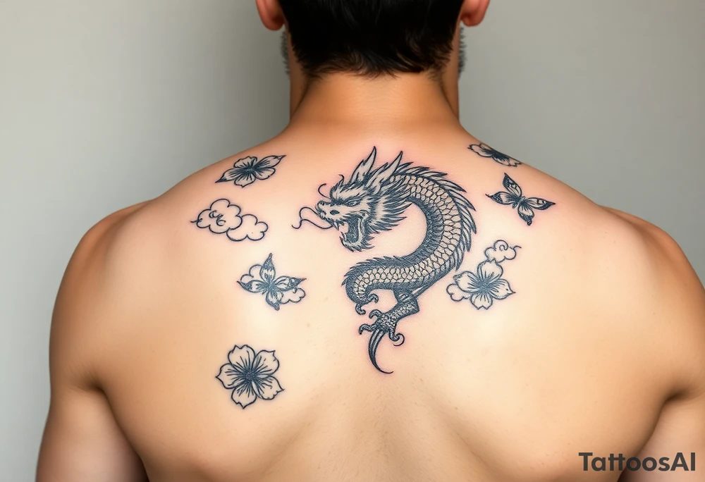Red Chinese dragon thigh tattoo surrounded by clouds and butterflies tattoo idea