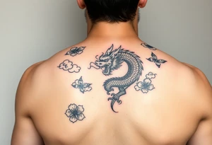 Red Chinese dragon thigh tattoo surrounded by clouds and butterflies tattoo idea